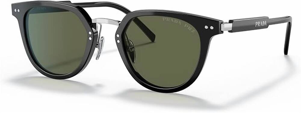 NEW PRADA unisex round style sunglasses in black/polarized green